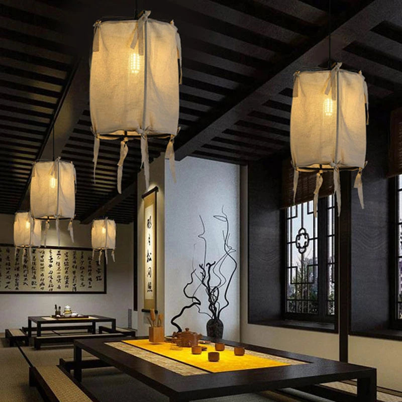 suspension style japonais en fer et lin décorative - vue 3 sur 9