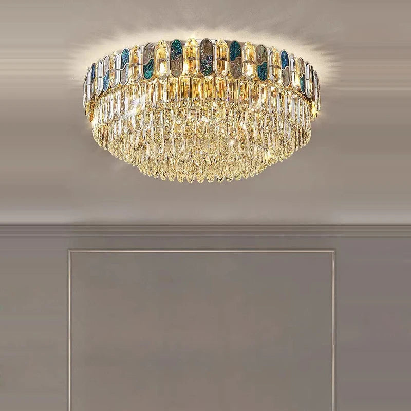plafonnier led art déco en cristal doré et acier inoxydable - vue 5 sur 18