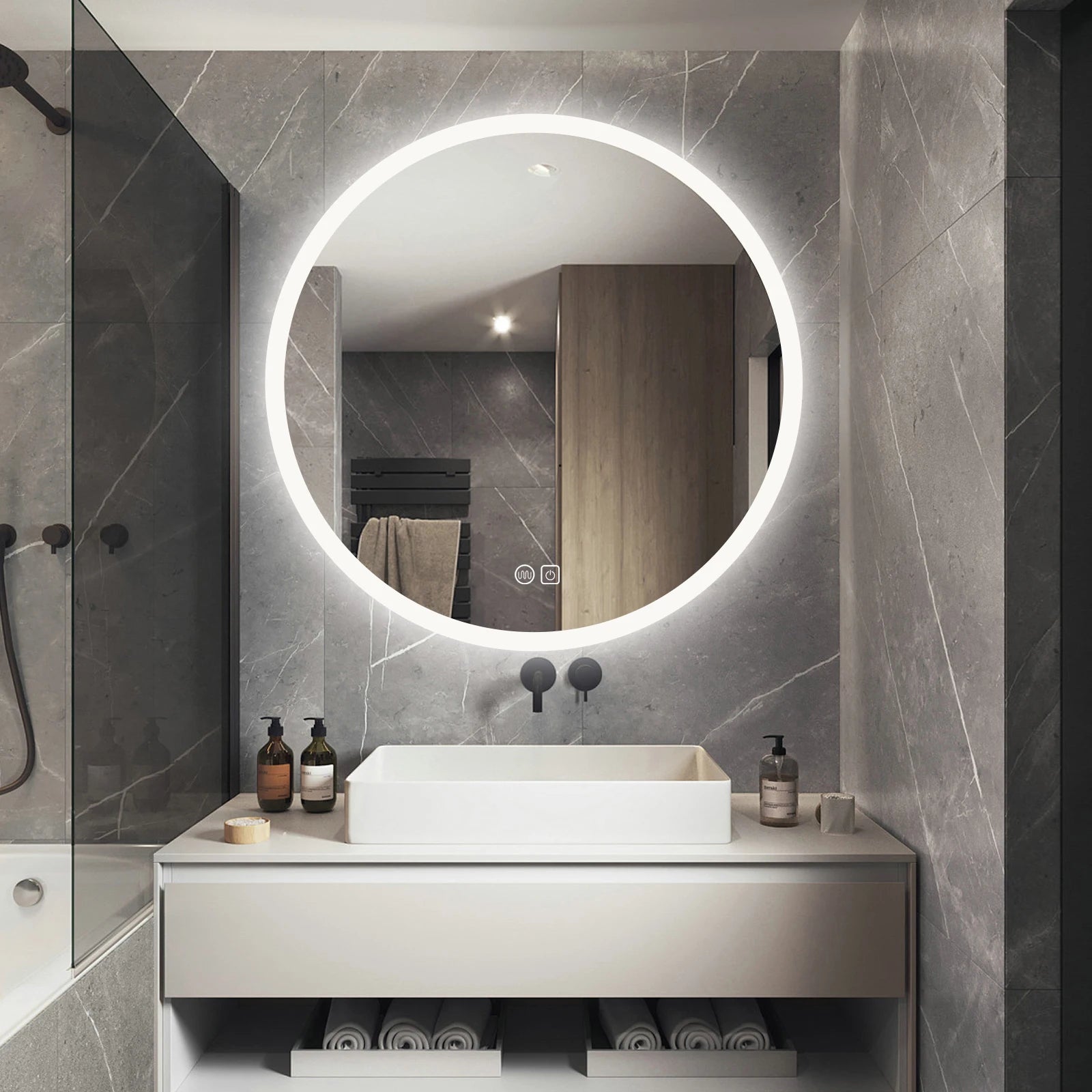 miroir rond lumineux avec interrupteur tactile et fonction antibuée - vue 3 sur 7