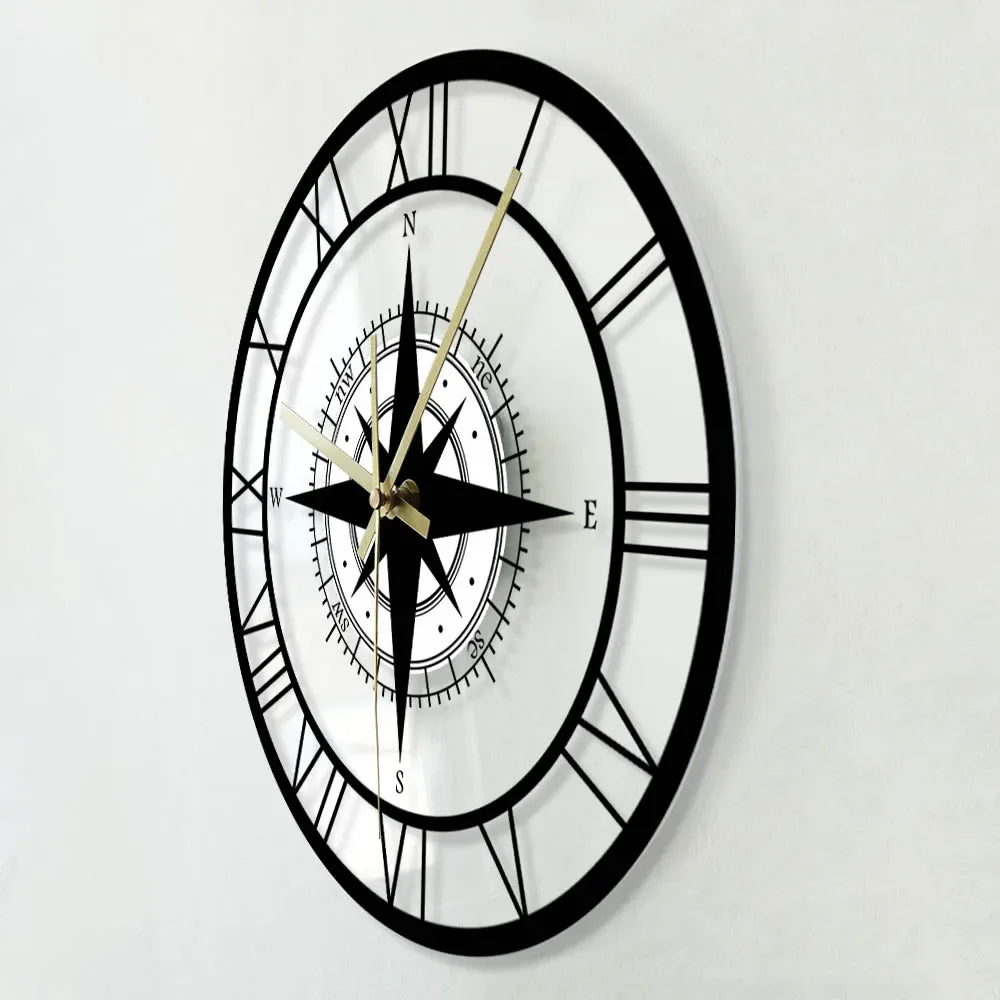 horloge murale silencieuse avec boussole et carte de direction - vue 2 sur 7