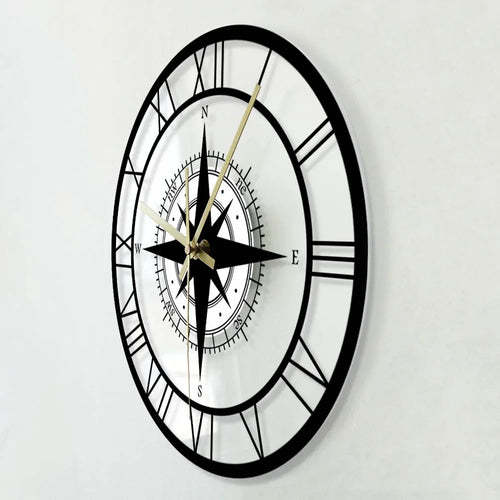 horloge murale silencieuse avec boussole et carte de direction - vue 2 sur 7