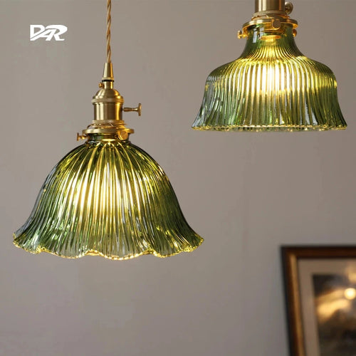 Suspension en verre vert foncé salle à manger chambre chevet Bar café suspension Luminaire rétro lampes suspendues en laiton pour plafond - vue 2 sur 14