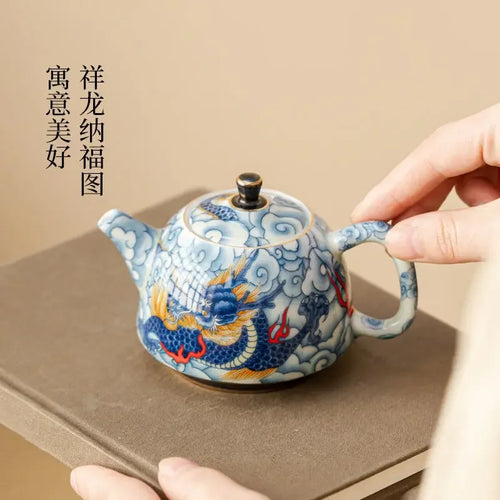 Théière chinoise porcelaine décor sous couverte infuseur - vue 7 sur 7