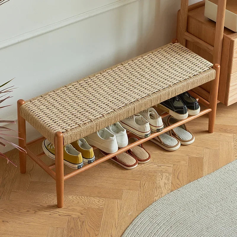 tabouret à chaussures en bois massif tressé en rotin style rétro moderne - vue 6 sur 9