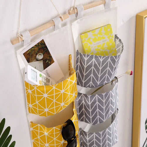 sac de rangement suspendu en coton et lin trois couches - vue 5 sur 9