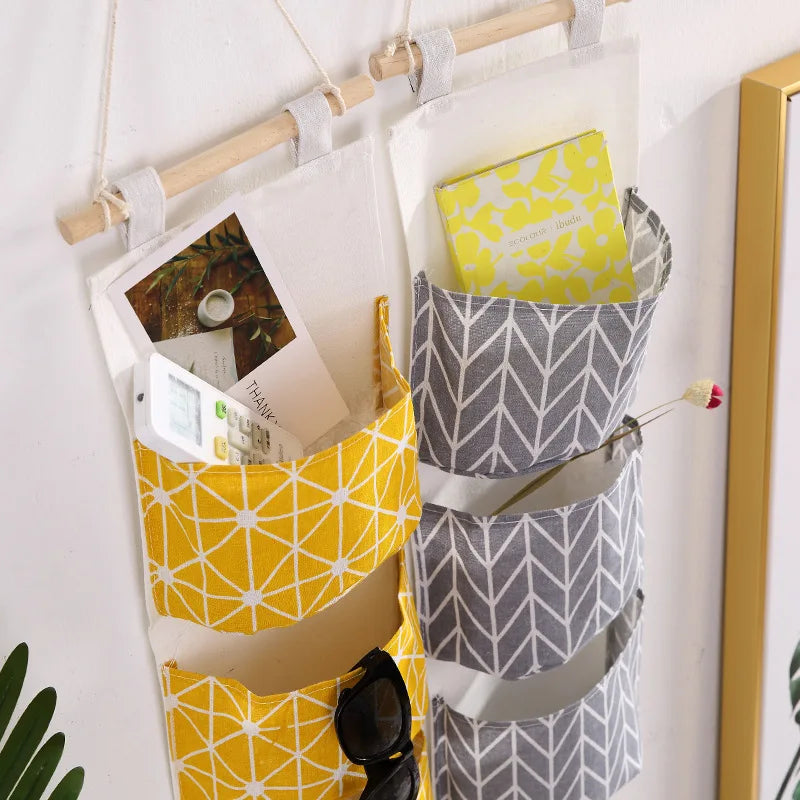 sac de rangement suspendu en coton et lin trois couches - vue 4 sur 9