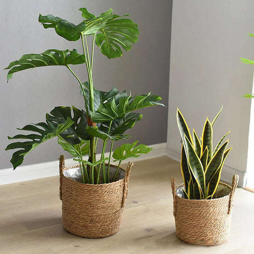 panier tissé à la main en paille pour plantes et linge - vue 3 sur 8