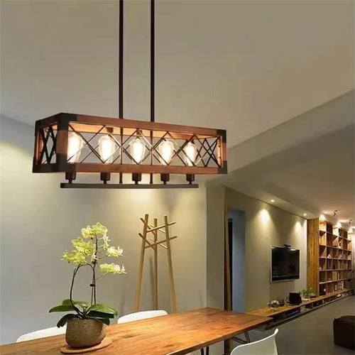 lustre vintage en bois style industriel pour bar et restaurant - vue 4 sur 6