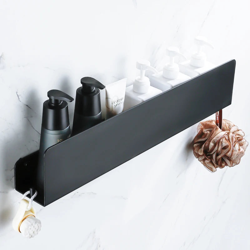 etagère de rangement murale avec crochets en aluminium pour cuisine et douche - vue 3 sur 15