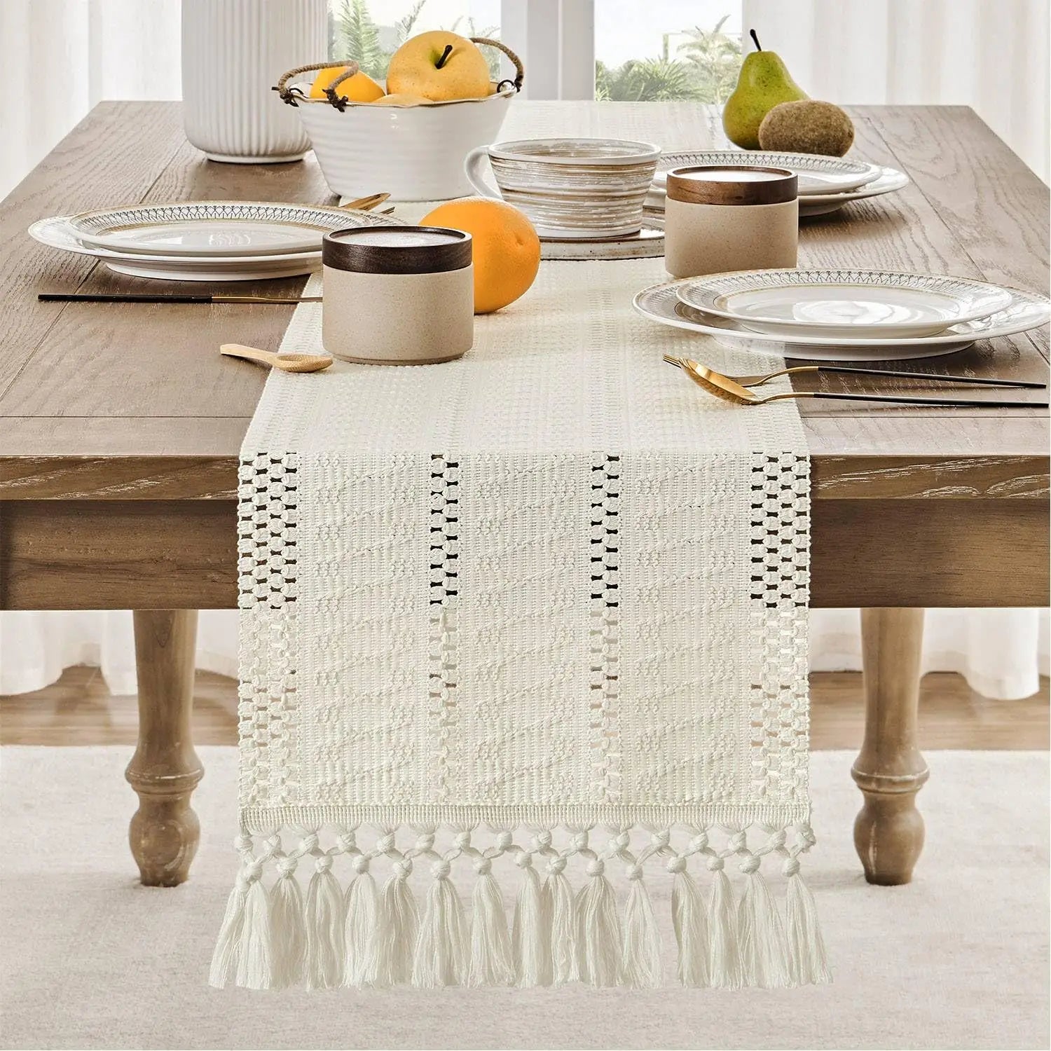 Chemin de table macrame boheme ivoire franges - vue 4 sur 7