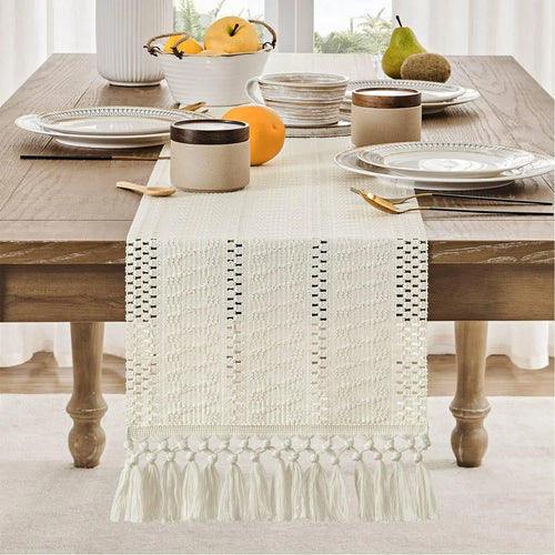 Chemin de table macrame boheme ivoire franges - vue 5 sur 7