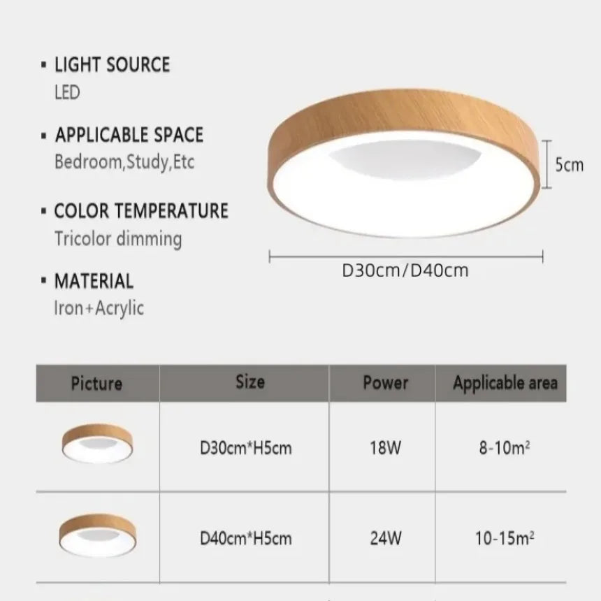 plafonnier led moderne circulaire grain de bois ultra-mince décoratif - vue 6 sur 8