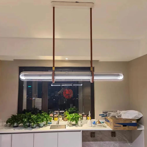 lustre long design moderne décoration maison led luxe cuir verre - vue 2 sur 7
