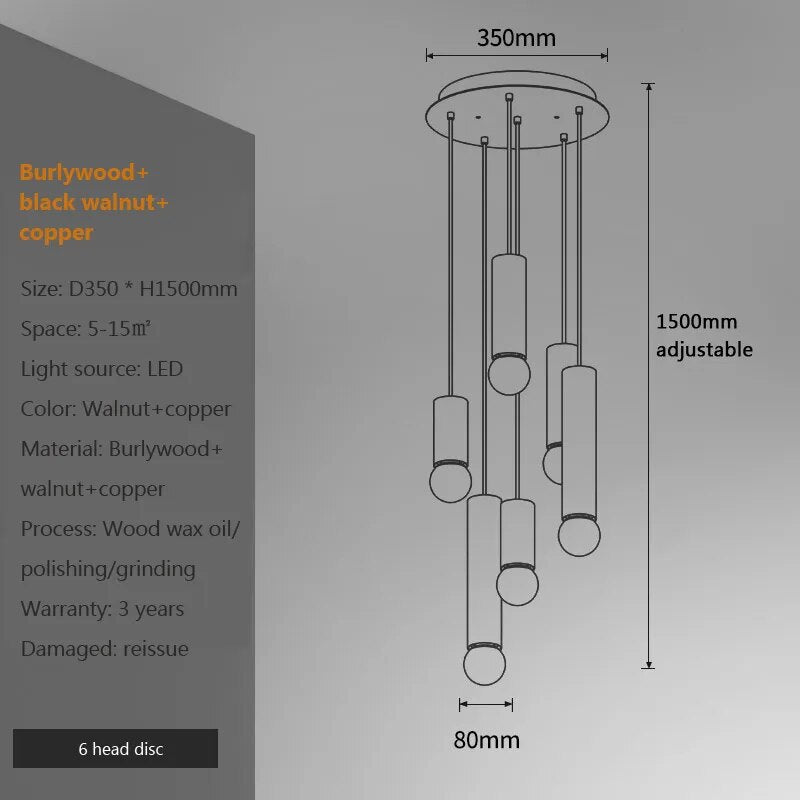 suspension noyer lustre chinois barre tête lampes - vue 12 sur 13