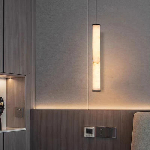 lustre cylindrique en marbre naturel avec cordon réglable 3000k - vue 4 sur 9