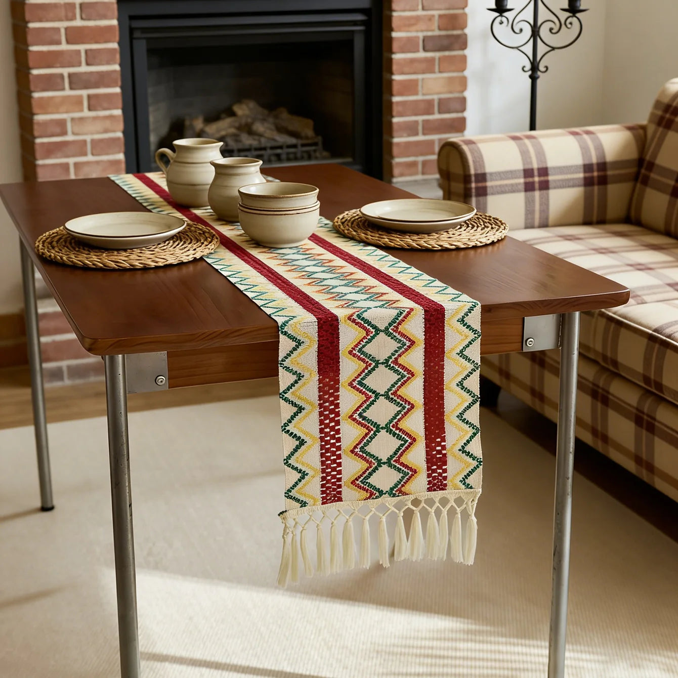 Chemin de table bohème motif aztèque à pompons - vue 4 sur 7