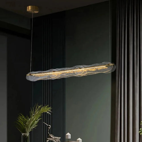 Lustre moderne allcopper lumière luxe créatif longue bande minimaliste bar salle à manger comptoir eau motif Suspension en verre - vue 2 sur 7
