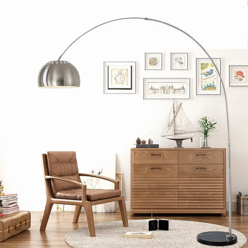 Lampadaire en marbre nordique pliant Arc rotatif argent lampadaires d'étude pour salon chambre déco éclairage lampadaire en bois - vue 3 sur 10