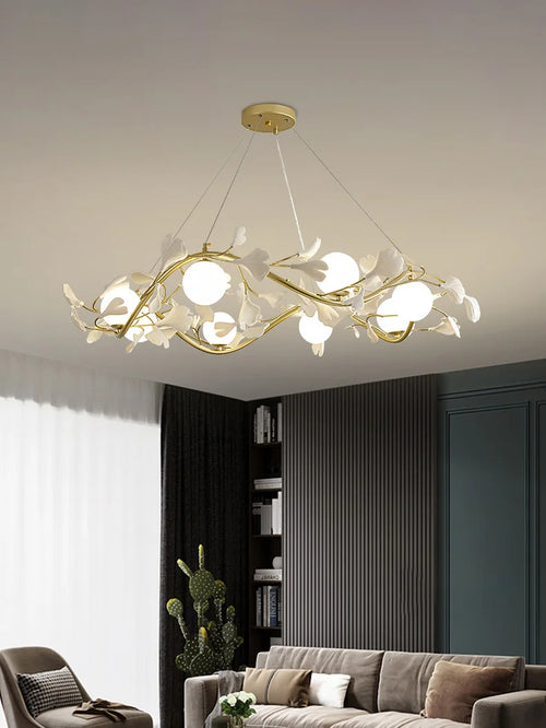 lustre en feuilles de ginkgo avec éclairage led décoratif moderne - vue 2 sur 8