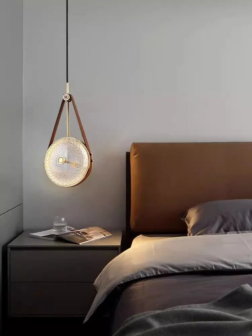 suspension luminaire cuir led verre lustre - vue 7 sur 30