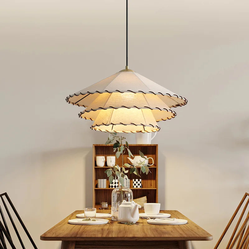 lustre en tissu chinois avec chapeau de paille et lumière led - vue 3 sur 14