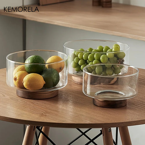 Bol fruits verre base bois design moderne salon - vue 2 sur 9
