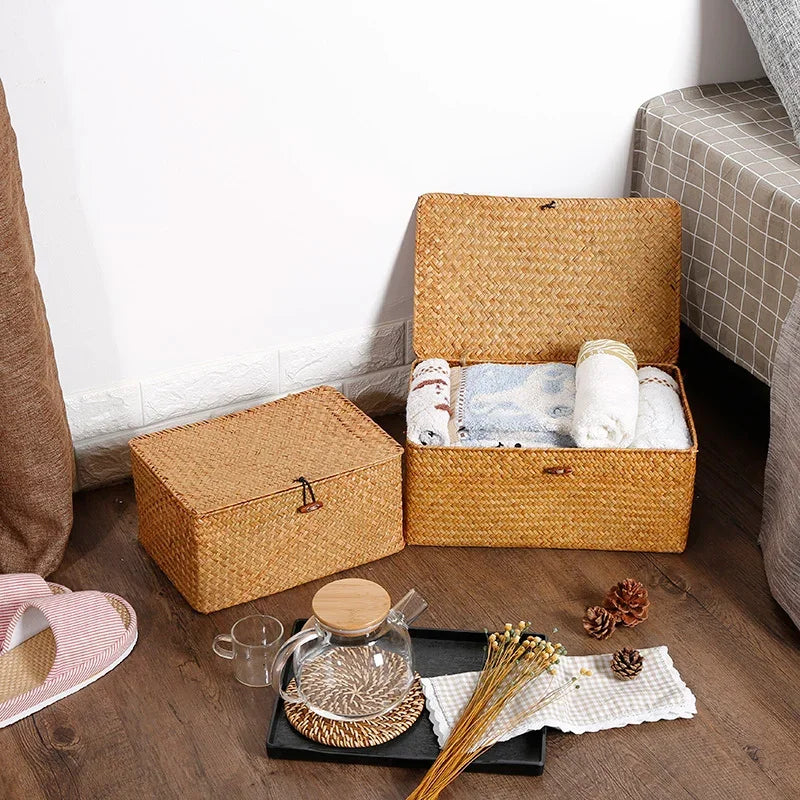 panier de rangement tissé en jonc de mer avec couvercle - vue 3 sur 13
