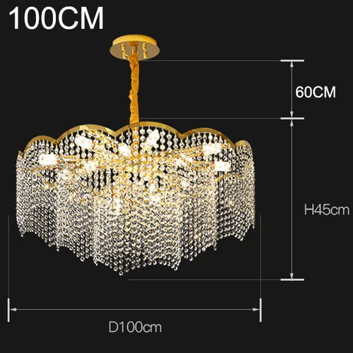 lustre moderne en cristal doré haute suspension design élégant pour intérieur - vue 7 sur 9