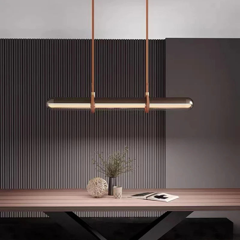 lustre long design moderne décoration maison led luxe cuir verre - vue 3 sur 7