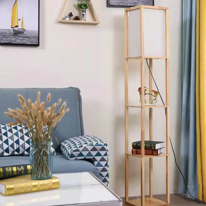 lampadaire LED étagère de rangement Nordic tissu bois massif lampe sur pied pour salon chambre bibliothèque fleur support interrupteur à tirer - vue 4 sur 7