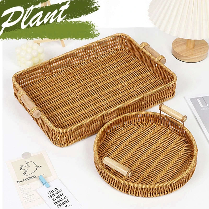 plateau de rangement en rotin tissé avec poignées en bois - vue 3 sur 11