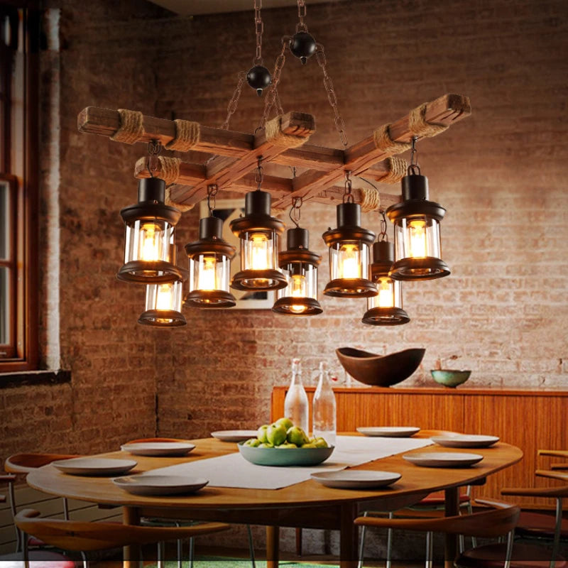 lustre rétro en bois style industriel pour café et restaurant - vue 2 sur 24