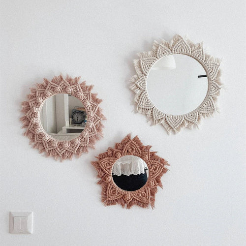 miroir rond en macramé style bohème pour décoration murale - vue 2 sur 19