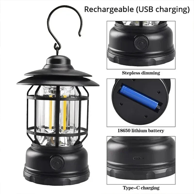 lot de 2 lanternes de camping rechargeables usb étanches pour randonnée pêche - vue 8 sur 9