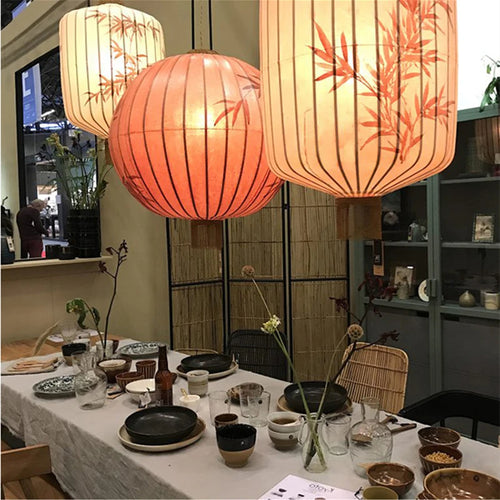 Nouvelle lampe lanterne en tissu chinois pour Restaurant salon rétro hôtel chez l'habitant balcon motif dessiné à la main lustre ampoule gratuite - vue 3 sur 18