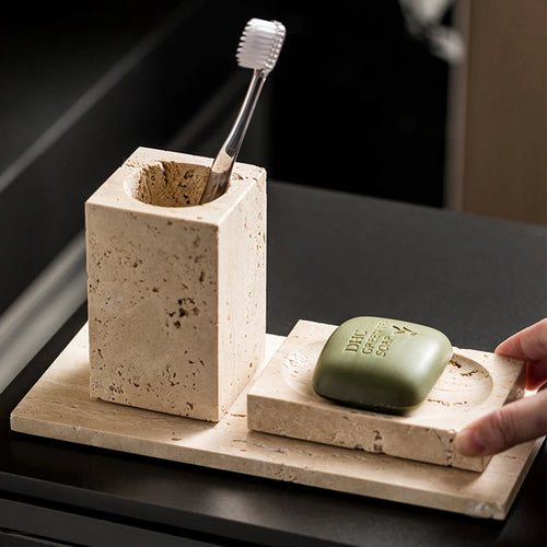ensemble d'accessoires en marbre naturel pour salle de bain - vue 4 sur 30