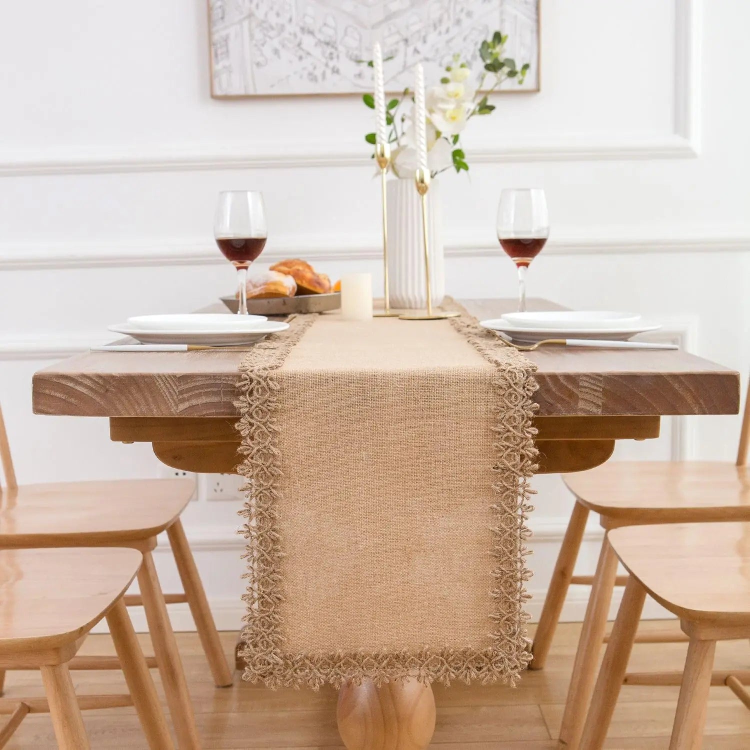 Chemin de table jute macramé style rustique beige - vue 3 sur 7