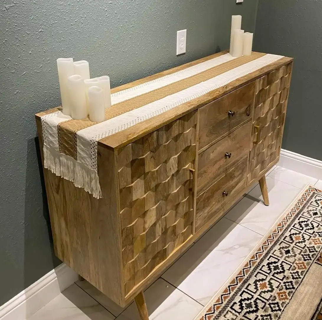 Chemin de table bohème géométrique beige à pompons - vue 6 sur 7