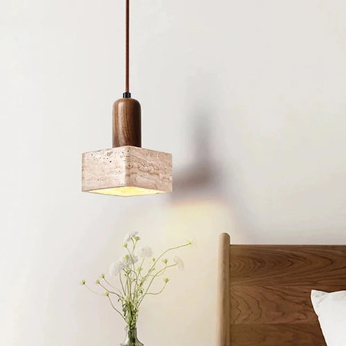 Lampe suspension LED carré en pierre lustre chambre chevet Style crème en bois massif rétro lumière E27 ampoule pour salon maison Bar - vue 3 sur 7