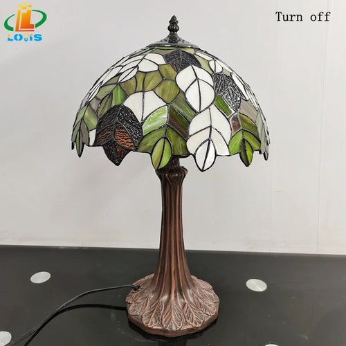 lampe à poser en verre style tiffany avec feuilles décoratives antique - vue 7 sur 6