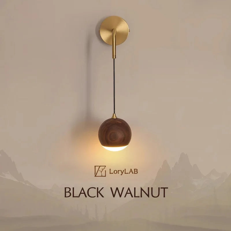 Walnut Wood Round ball Wall light, Wabi-sabi Modern style, Wall Sconces for Bedroom, Living, Corridor, Aisle balcony, Entrance - vue 1 sur 7