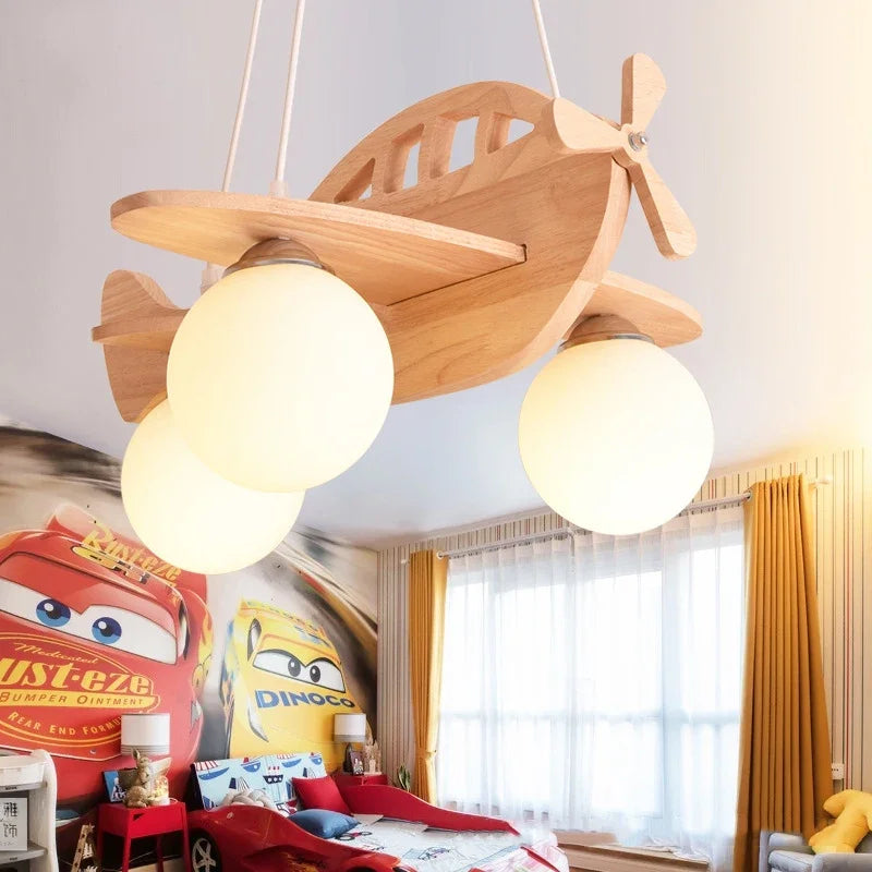 lustre en bois avion pour chambre d'enfant à led - vue 5 sur 7