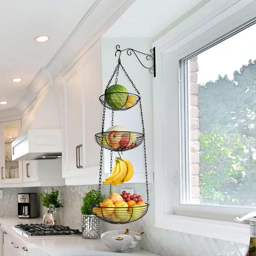 panier à fruits suspendu à 3 niveaux avec crochet pour bananes - vue 2 sur 7