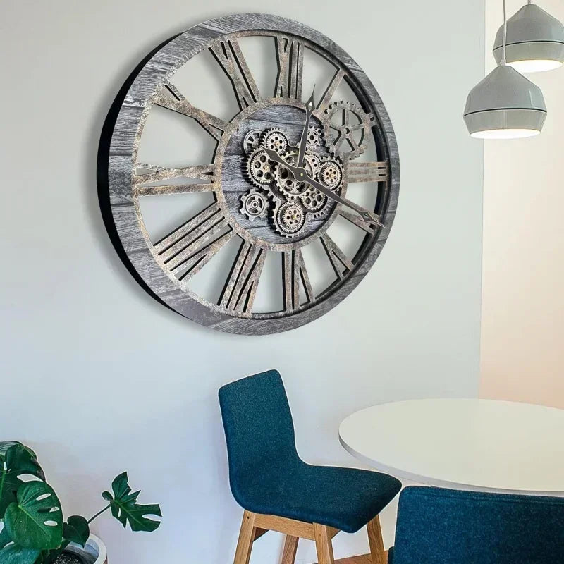 horloge murale en bois style rétro avec engrenages mobiles décorative - vue 6 sur 7