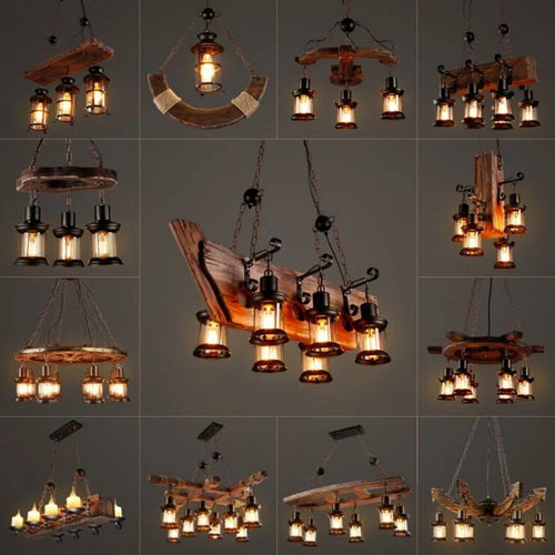 Lustre LED rétro industriels antiques LOFT Bar Vintage Art bois E27 - vue 5 sur 24