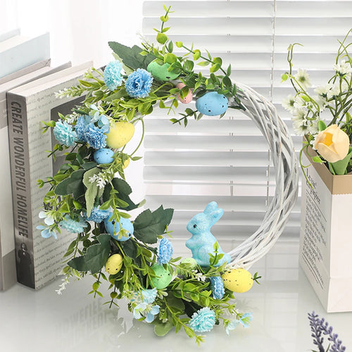 couronne décorative de Pâques avec lapin et œufs suspendus - vue 3 sur 12