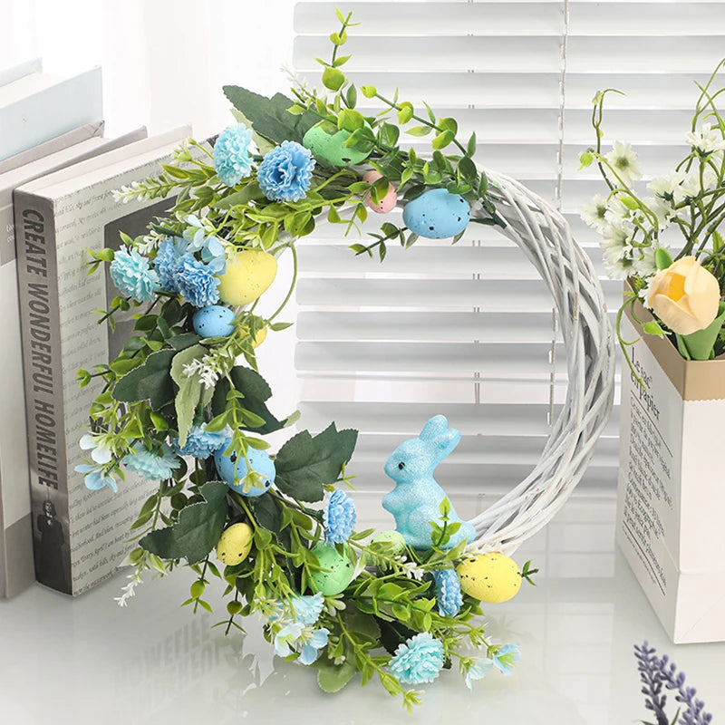couronne décorative de Pâques avec lapin et œufs suspendus - vue 3 sur 12