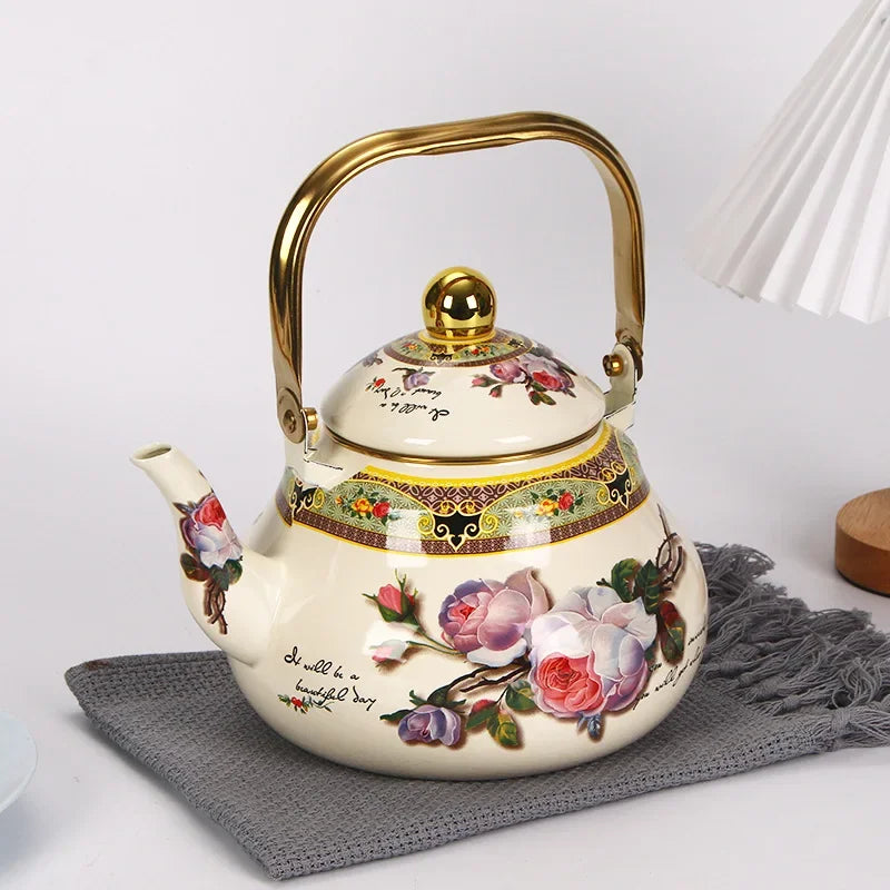 bouilloire vintage en émail motif floral poignée dorée - vue 2 sur 5