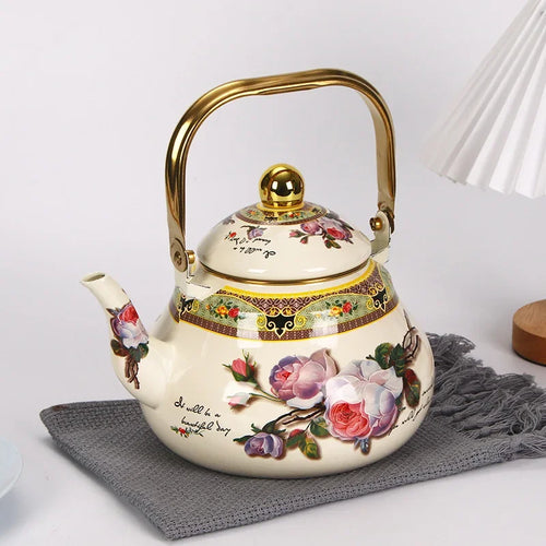 bouilloire vintage émaillée motif floral poignée dorée cuisine - vue 3 sur 5
