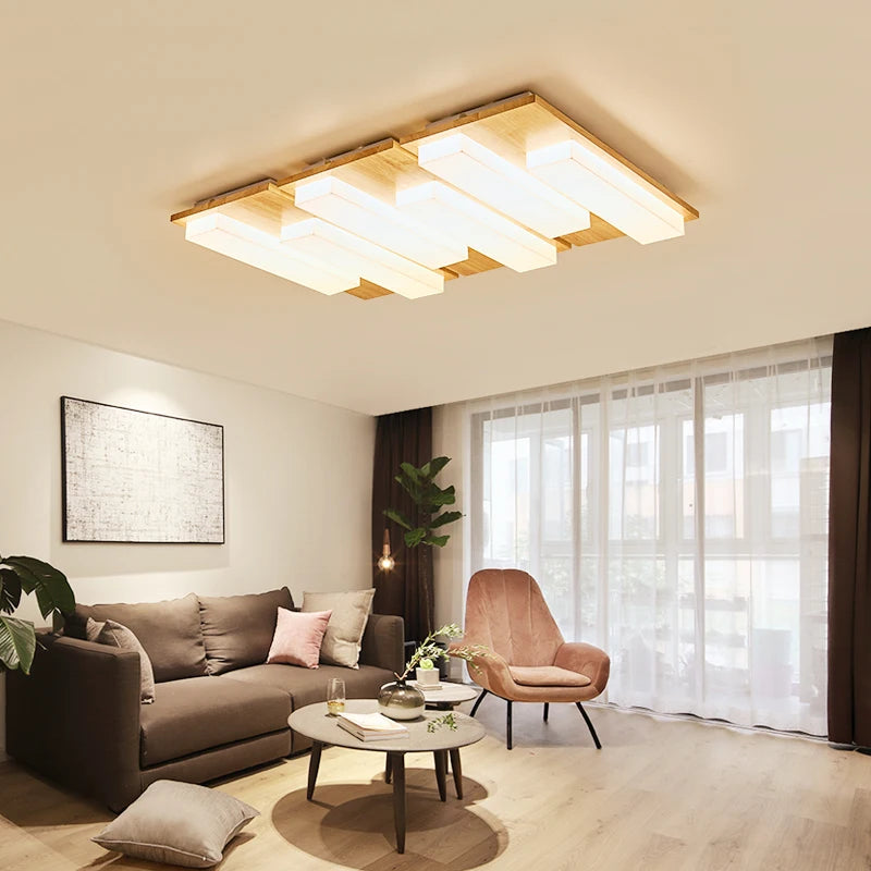 plafonnier led moderne en bois véritable 4/6/9 têtes luminaire intérieur - vue 6 sur 12